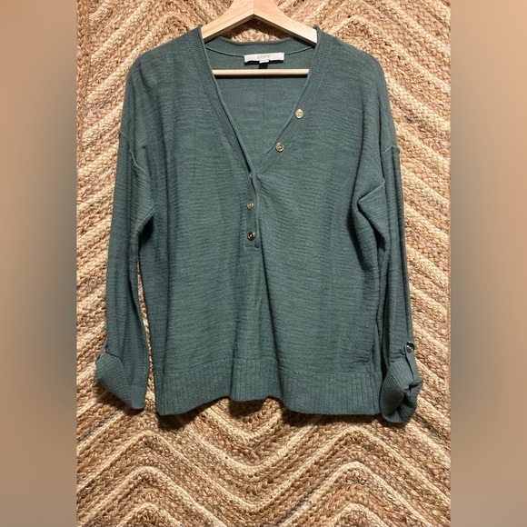 Loft Women's Textured Stitch Henley Green Sweater,VNeck,Size M,Great Condition - Picture 1 of 10